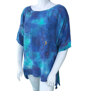 Valery Guignon Womens Size L Tunic Top Wearable Art Hand Dyed Crepe Ocean